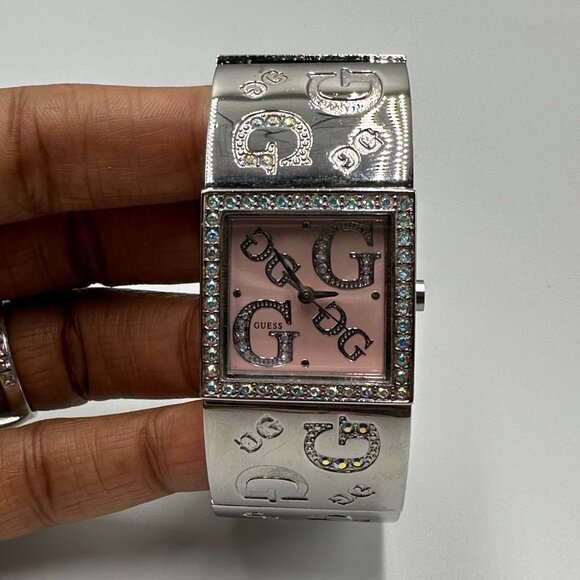 3/$30 Guess Watch Women Silver Tone Pink Dial Wide Bangle Band New Battery 6.5" - Picture 4 of 11